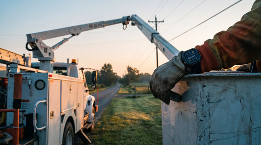 Horonix Raptor X5 rugged smartwatch on a lineman's wrist beside a bucket truck at dawn