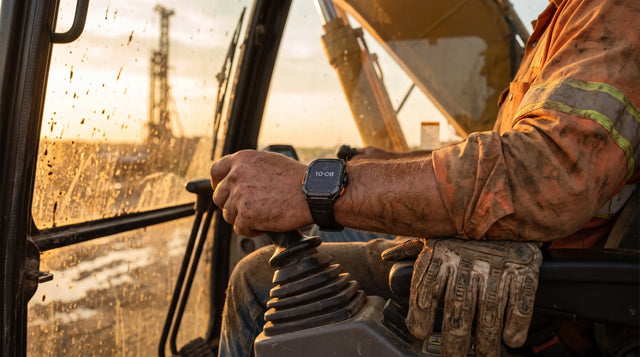 Excavator operator's wrist on the joystick at sunrise wearing a Horonix Raptor X5 with orange side buttons