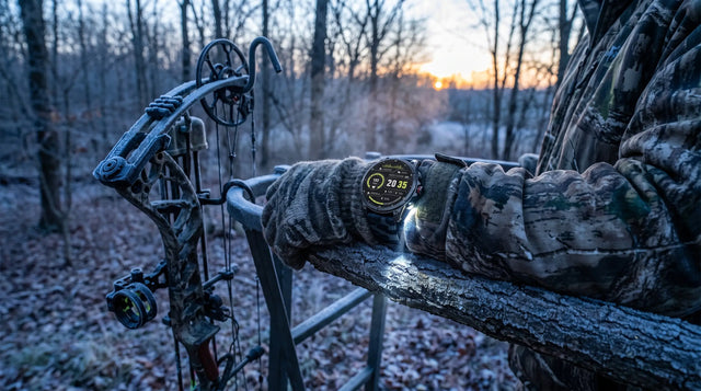 Hunter's wrist resting on a tree-stand rail before dawn, wearing a Horonix Expedition X2 with its LED flashlight lit