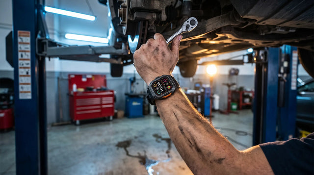 Mechanic under a lift wearing a Horonix Raptor X5, square black case with orange side buttons, reaching up to a suspension component
