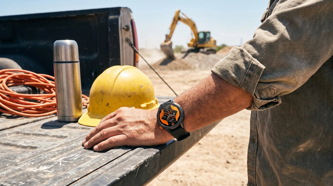 Horonix Pathfinder Ultra rugged smartwatch on a worker's wrist resting on a pickup tailgate at a job site