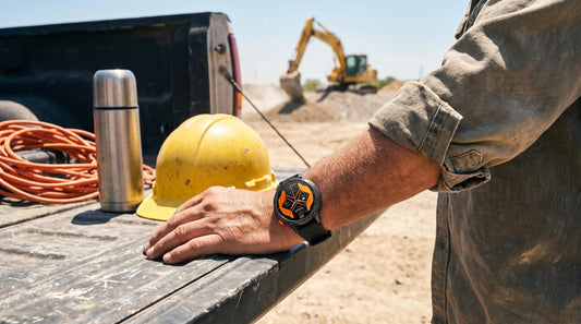 Horonix Pathfinder Ultra rugged smartwatch on a worker's wrist resting on a pickup tailgate at a job site