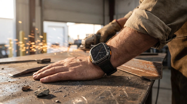 Worker's wrist on a steel fabrication bench wearing a Horonix Raptor X5 with a scratched bezel and orange side buttons