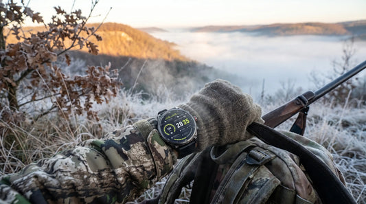 Horonix Expedition X2 rugged smartwatch on a hunter's wrist on a foggy ridge at dawn