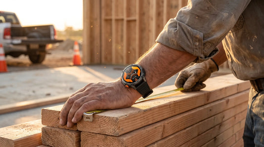 Horonix Pathfinder Ultra rugged smartwatch on a worker's wrist at a construction site at sunset