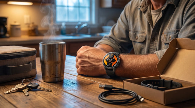 Man's wrist on a kitchen table at dawn wearing a Horonix Pathfinder Ultra beside an opened box with a spare band and charger